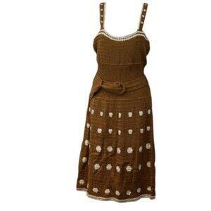 Catharine Malandrino Brown Knit Belted Polka Dot Midi Dress NWT 12